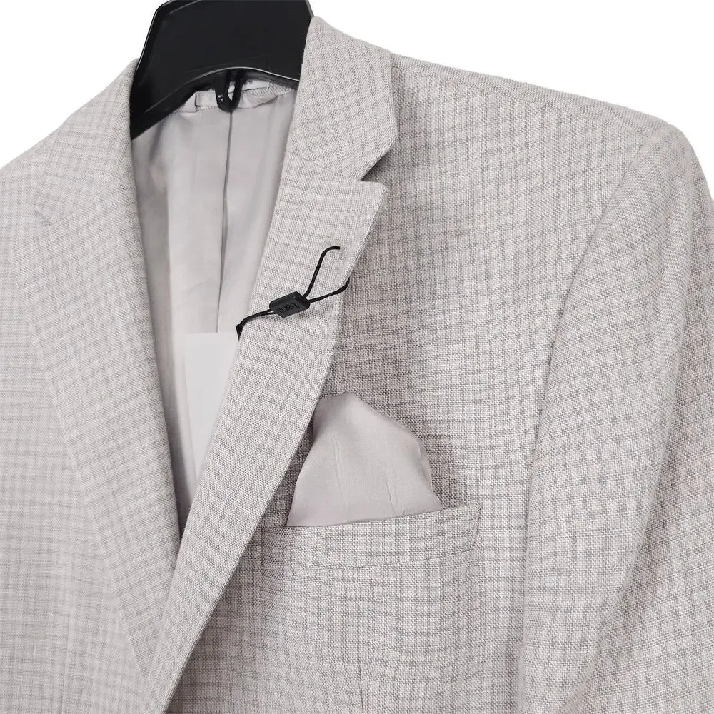 Bar III Mens Slim Fit Sport Coat Blazer 38S Natural Tan Grey Check Cotton Linen